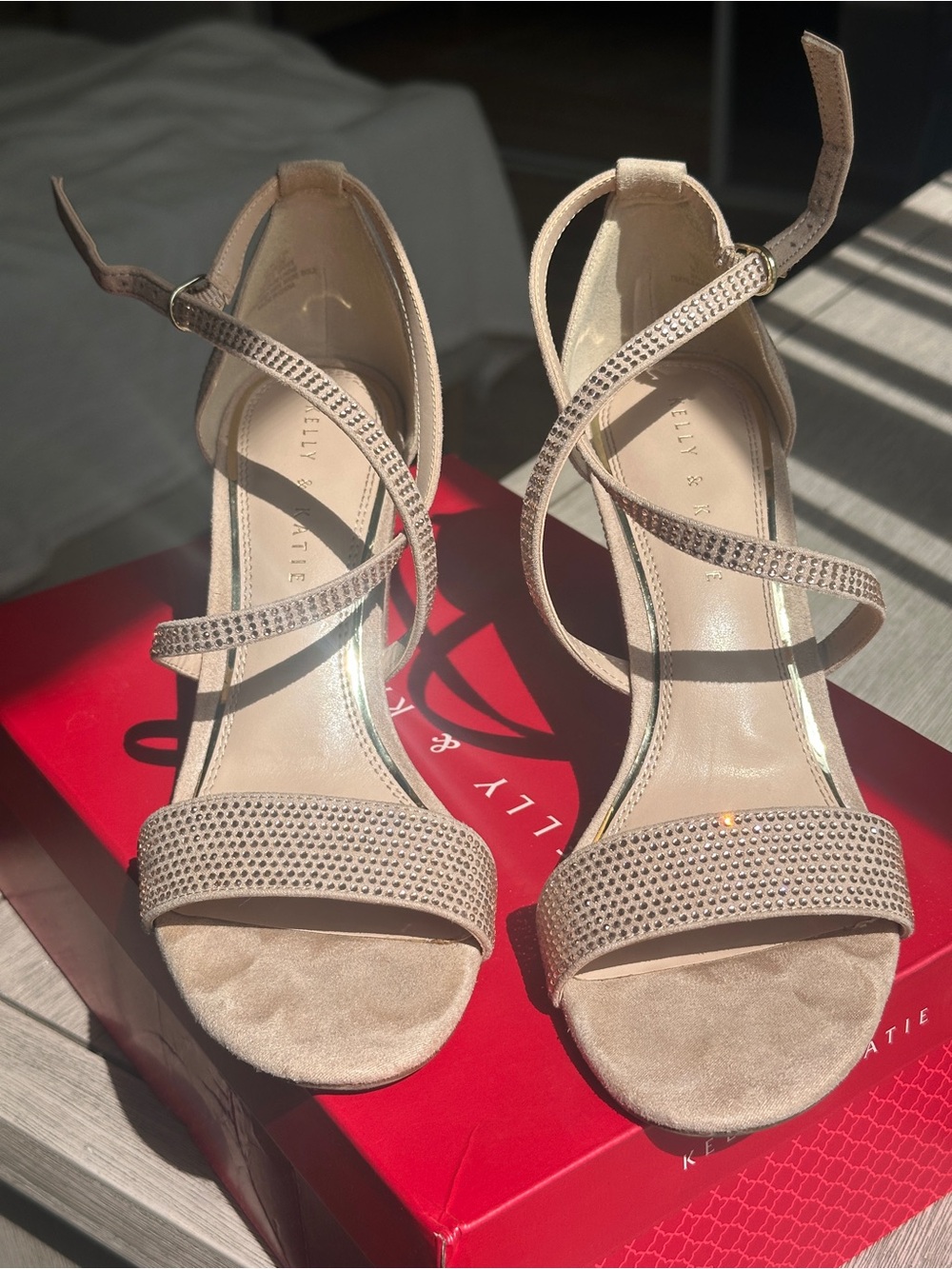 Katie and Kelly Elegant Rhinestone Ankle-Strap Block Heel Sandals - Champagne